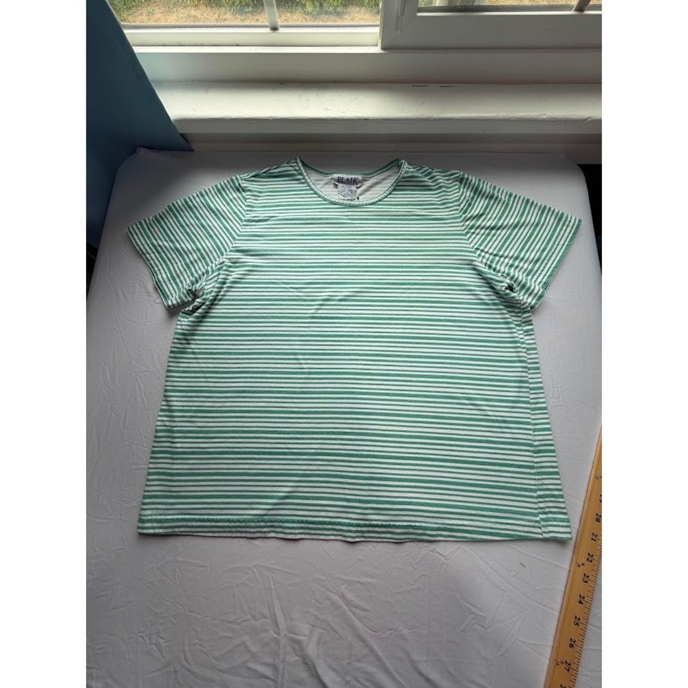 Blair Womens Green White Striped Short Sleeve Crewneck T-Shirt Size Large